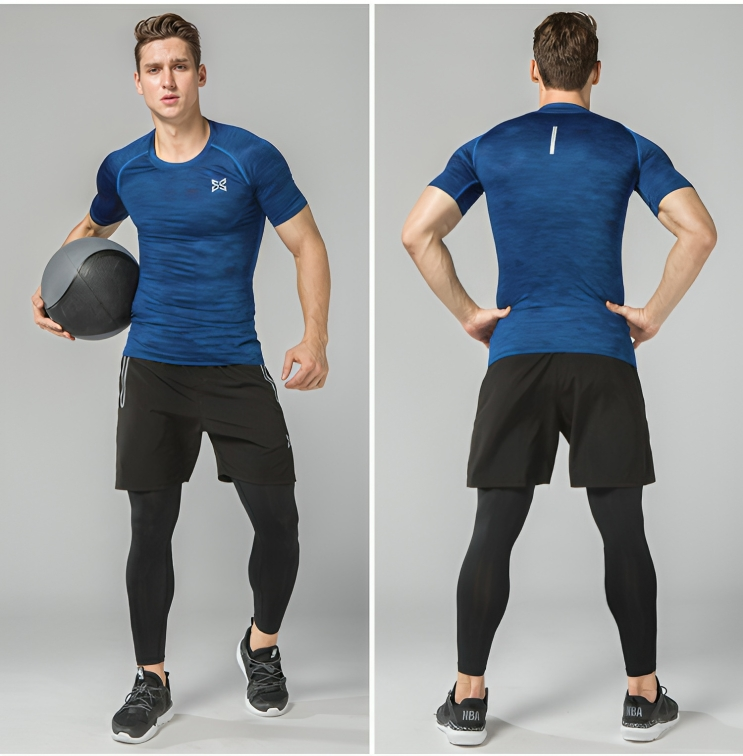 3-delat Träningsset för Män – Kompressionsdräkt för Löpning och Fitness (Tröja, Byxor, Shorts) - {{ Inizo }} Blå / S Inizo