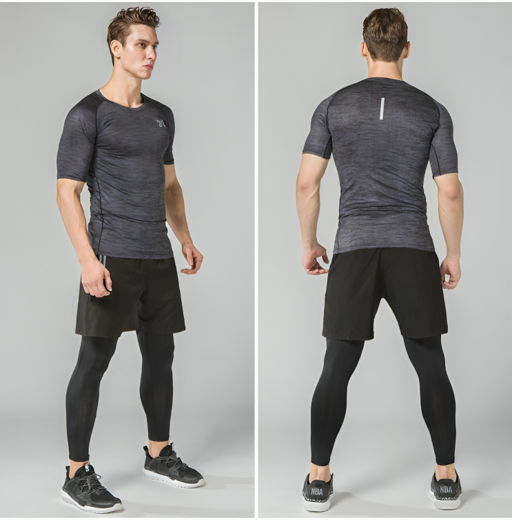 3-delat Träningsset för Män – Kompressionsdräkt för Löpning och Fitness (Tröja, Byxor, Shorts) - {{ Inizo }} Mörk Grå / S Inizo